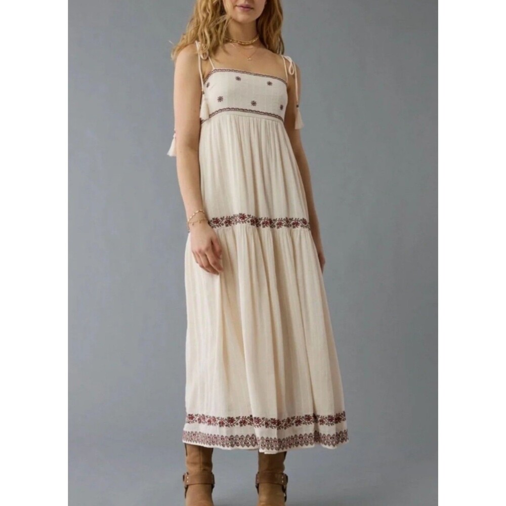 New XL Boho Embroidered Tiered Maxi Dress with Tie Straps